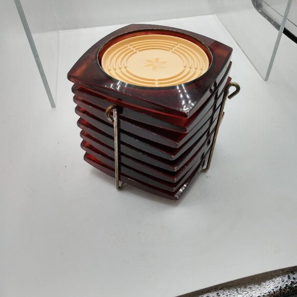 MCM Vintage Coasters set of 8 W/Metal Stand Plastic Amber with Cream Center - Picture 2 of 14